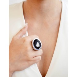 Black agate ring silver woman