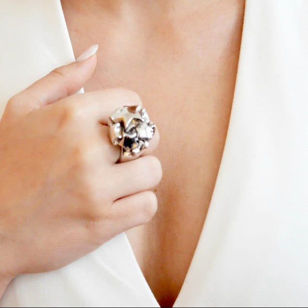 Wide silver star ring for women