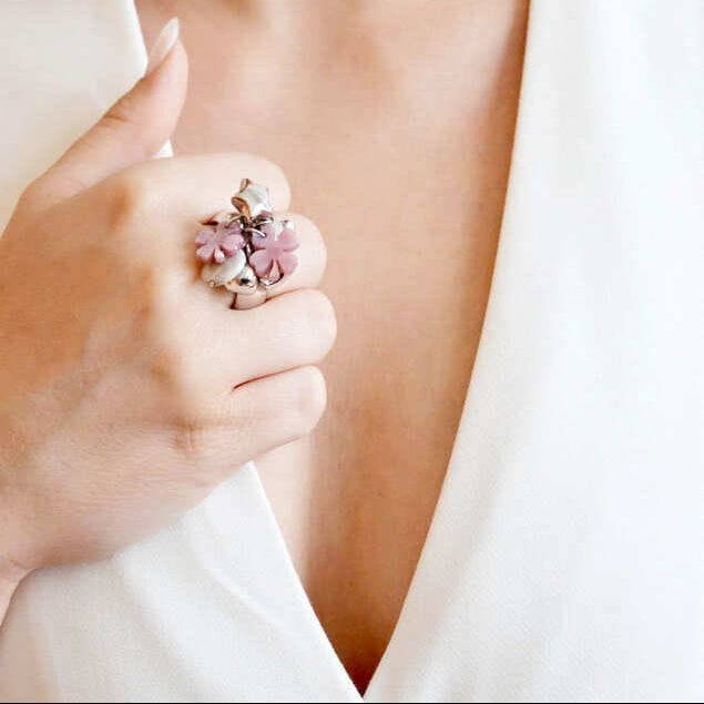 Bague breloque argent trefle nacre femme