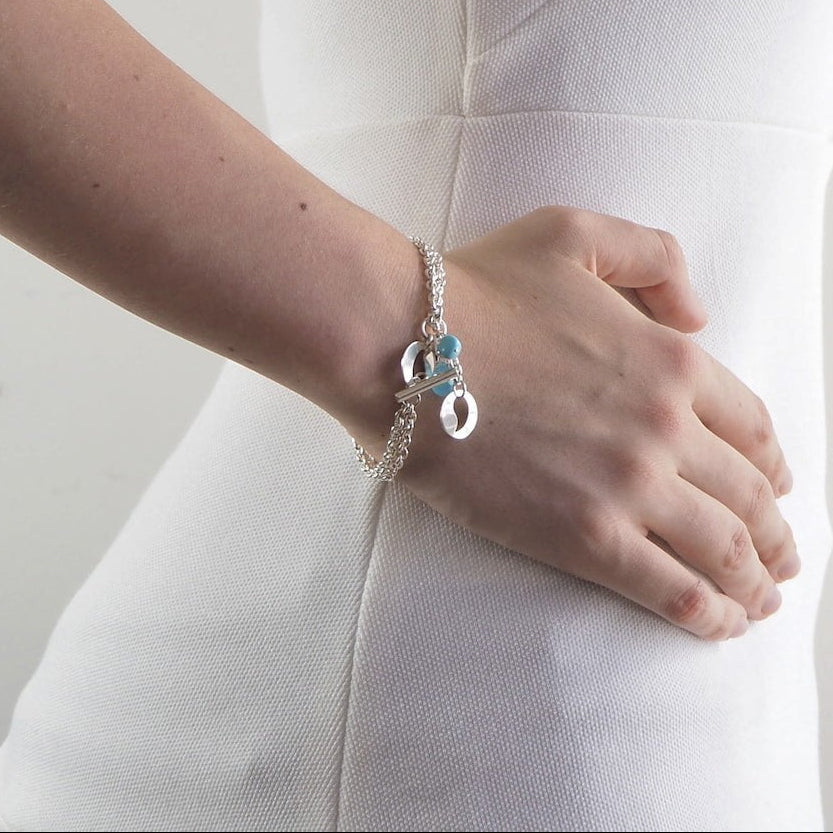 Bracelet argent double chaine nacre turquoise femme