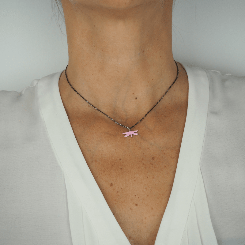 Collier libellule femme émail rose or jaune 18kt