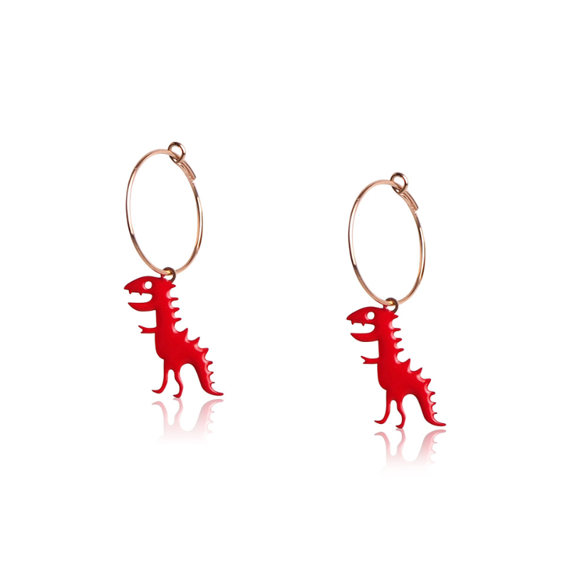 Boucles d'oreilles dinosaure émail rouge femme or jaune 18kt