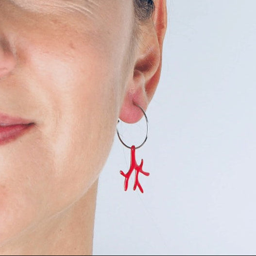 Boucles d'oreilles corail rouge créoles argent massif 925 femme