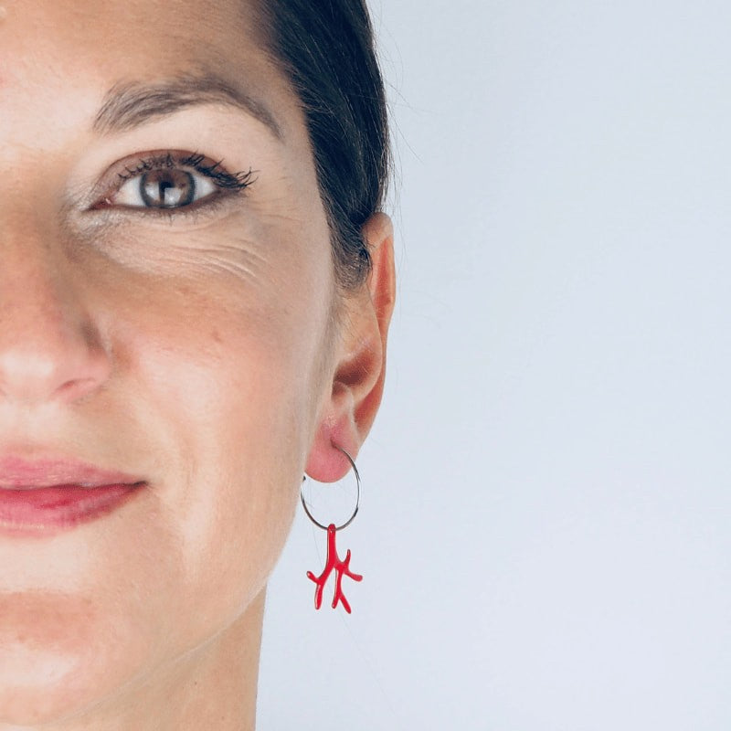 Boucles d'oreilles corail rouge créoles argent massif 925 femme