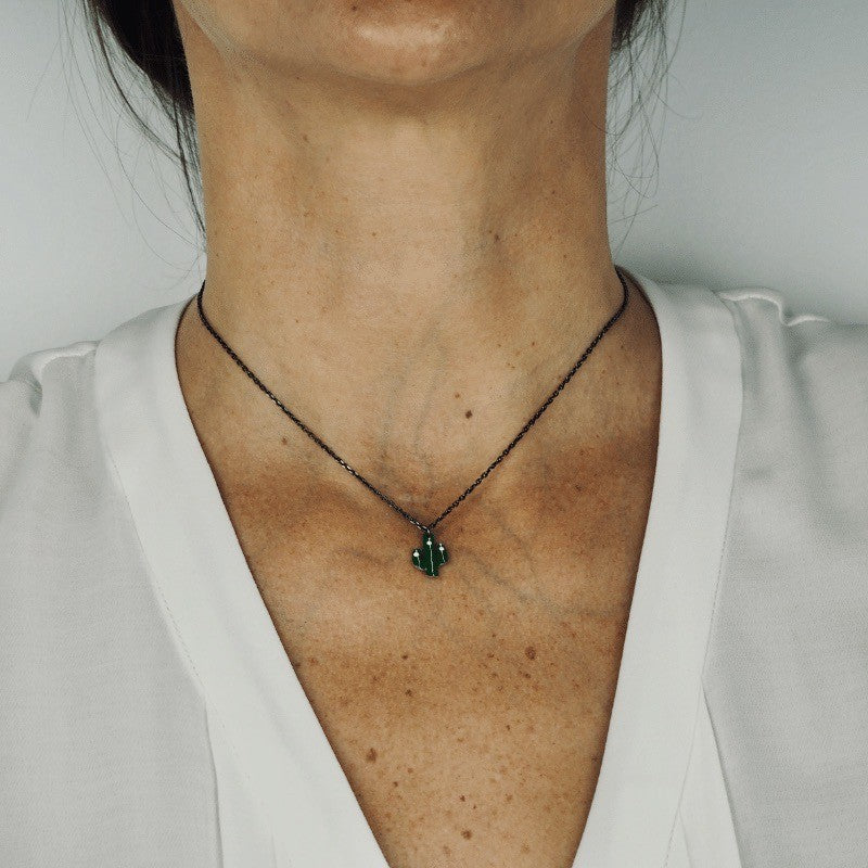 Collier cactus émail vert femme or jaune 18kt