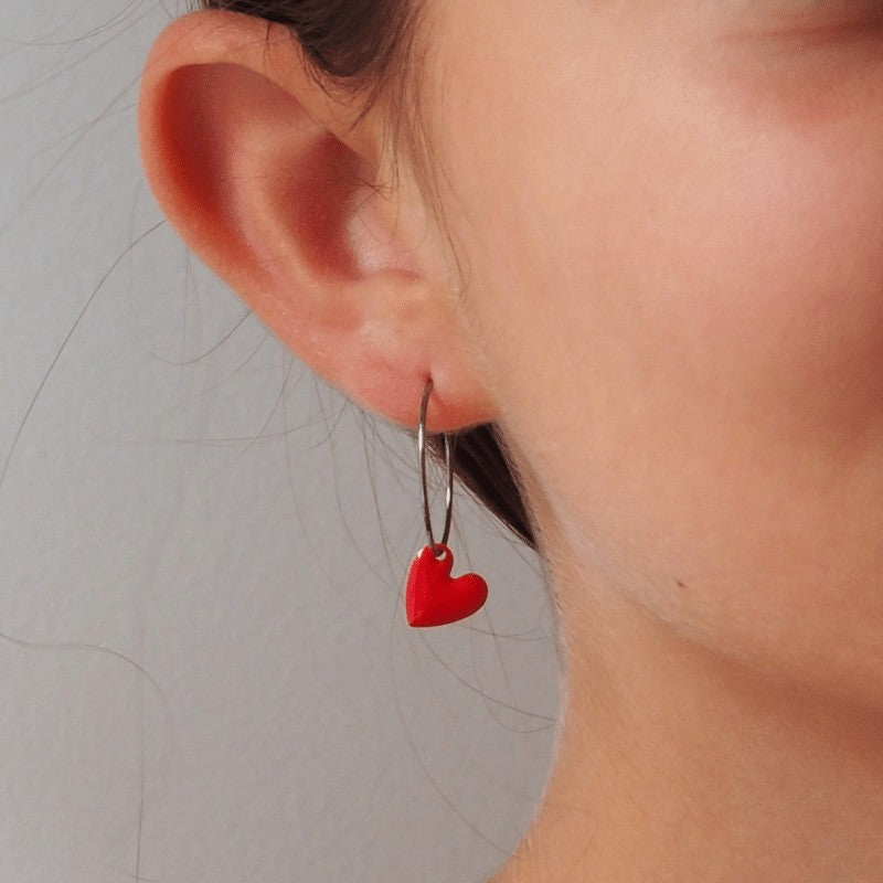 Boucles créoles enfant cœur émail rouge or rose 18kt