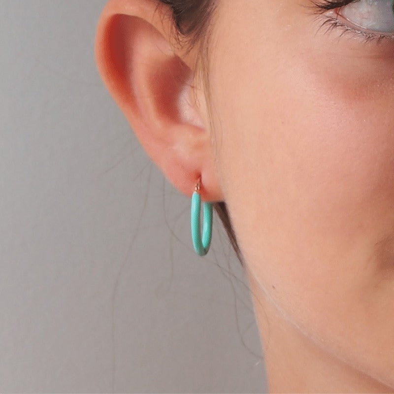 Boucles créoles émail turquoise jeune fille argent massif 925