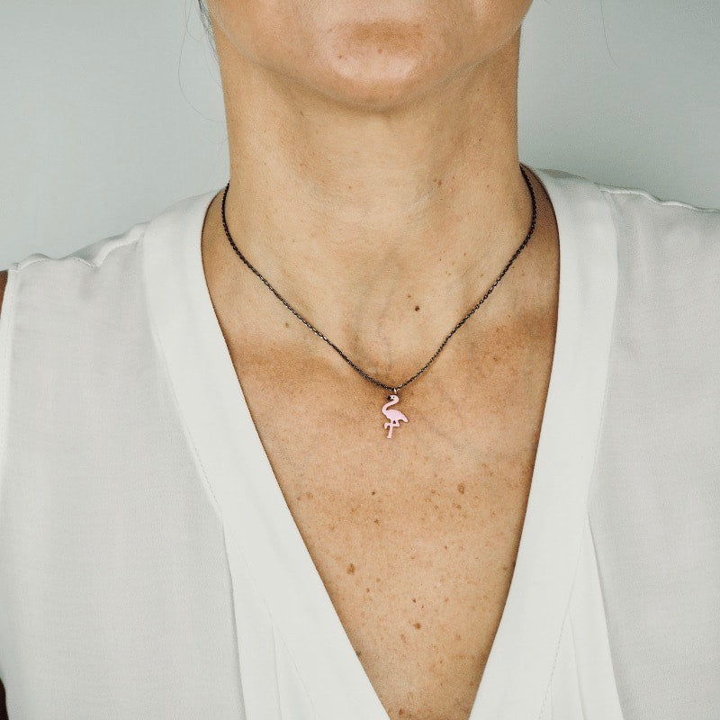 Collier Pendentif flamant rose émail femme argent massif