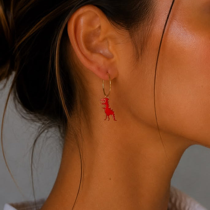 Boucles d'oreilles dinosaure émail rouge femme or jaune 18kt