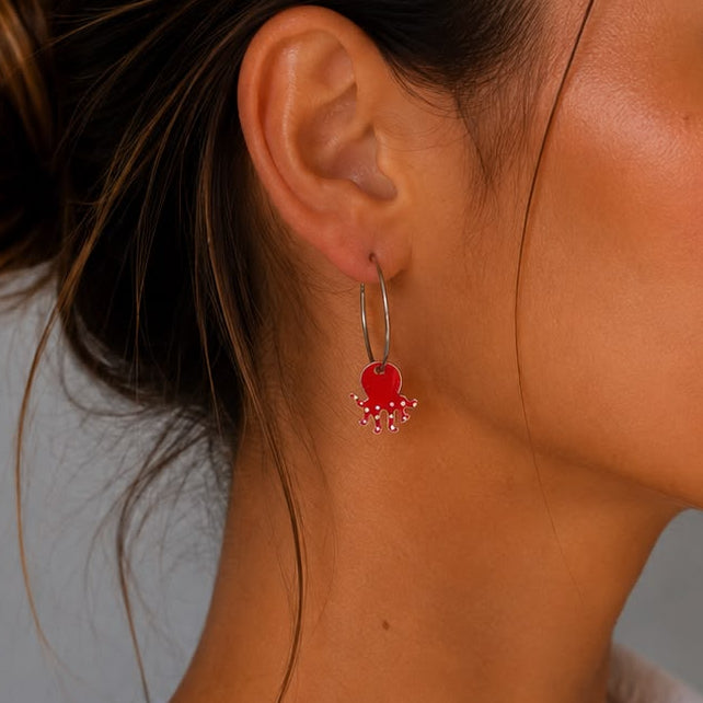 Women's red enamel octopus earrings