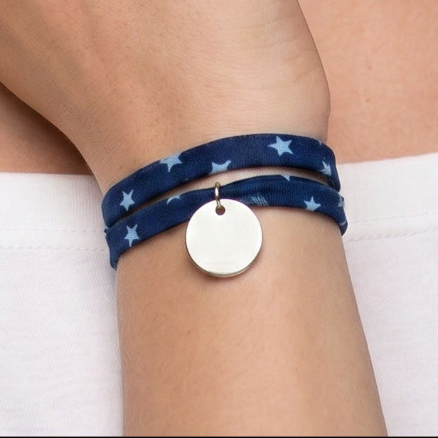 Liberty print bracelet with personalized medallion, 15mm, 2 wraps, women's
