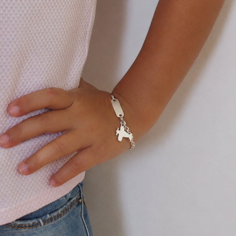 Personalized silver airplane bracelet for children 