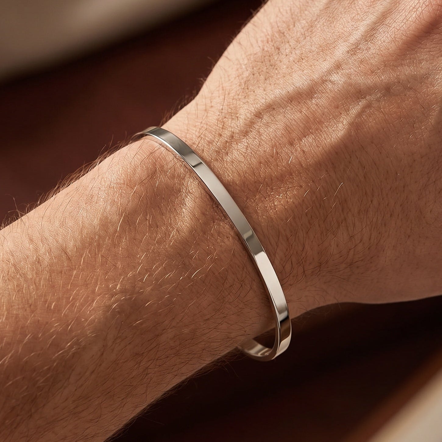 Men's open silver bangle bracelet with engraving