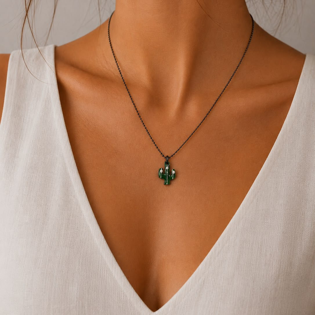 18kt yellow gold green enamel cactus necklace for women
