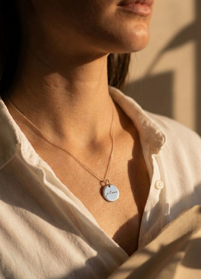 Collier médaille ronde argent gravure femme 15 mm