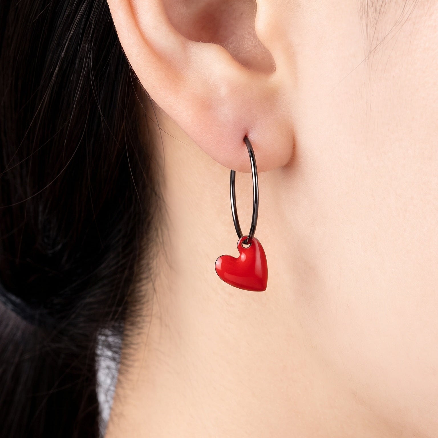 Red heart enamel earrings for women in rose gold