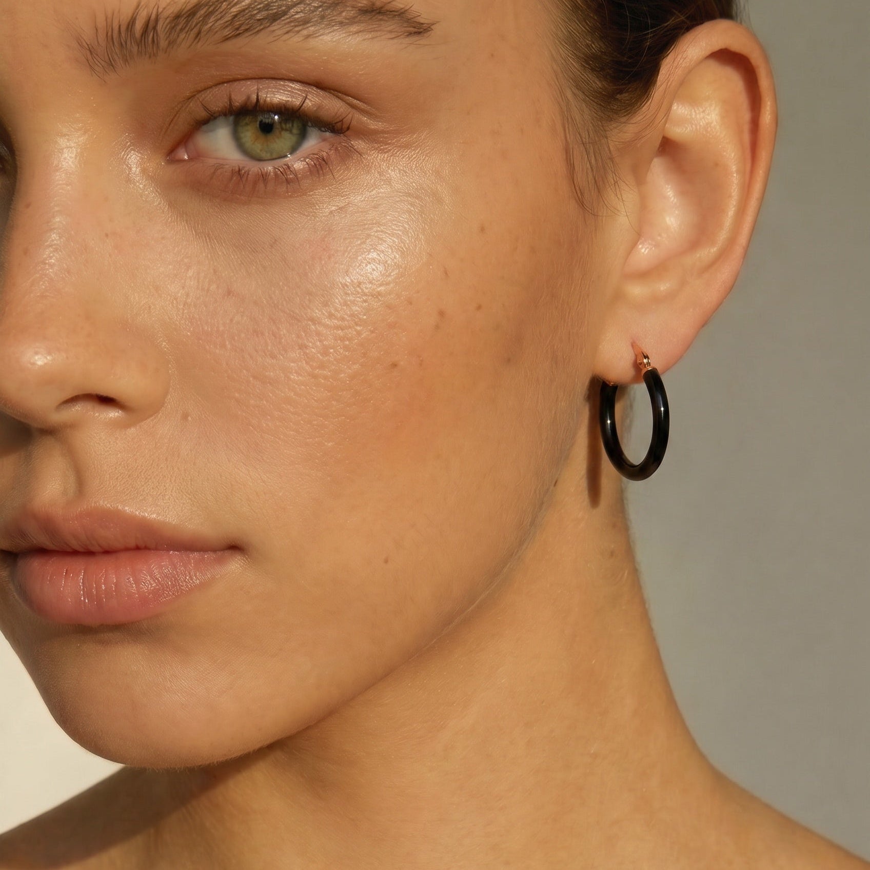 Black enamel hoop earrings for women, rose vermeil
