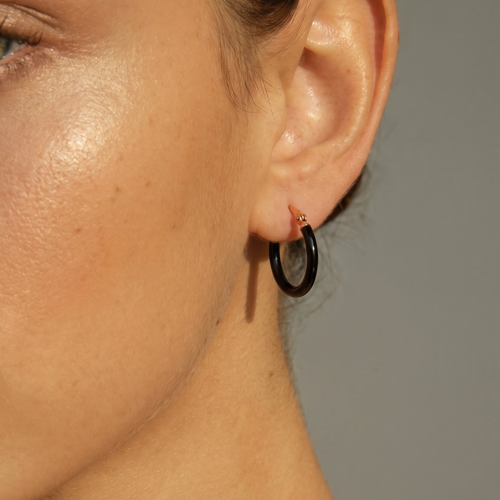 Black enamel hoop earrings for women, rose vermeil