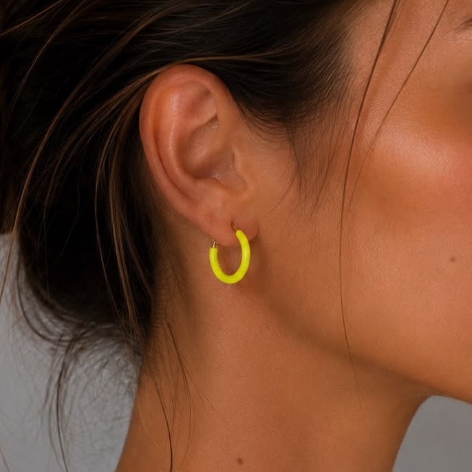 Women's neon yellow rose gold enamel hoop earrings