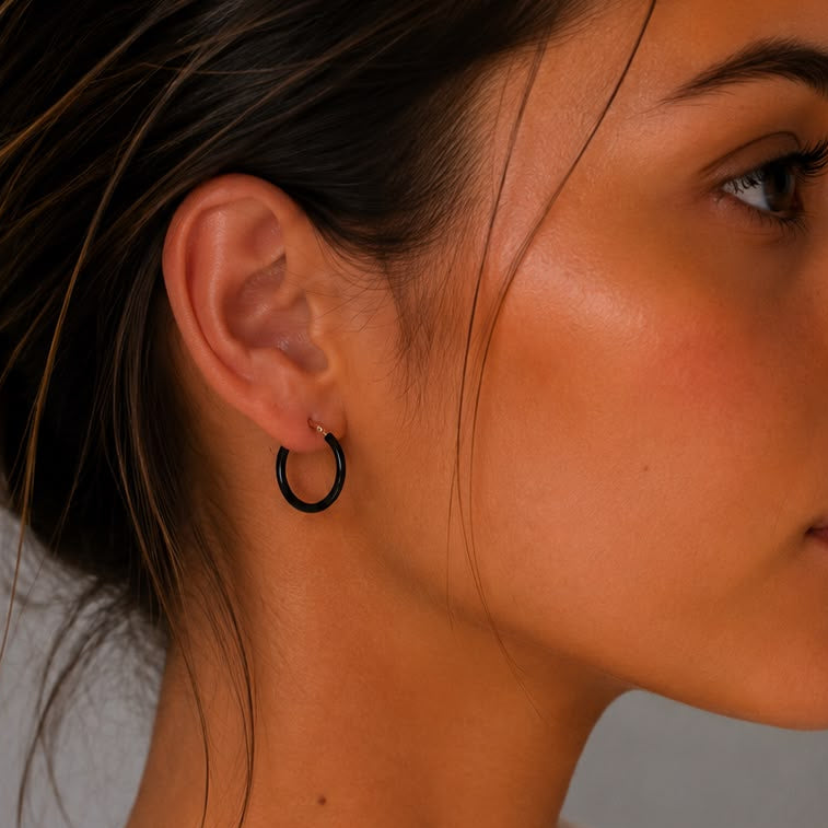 Black enamel hoop earrings for women, rose vermeil