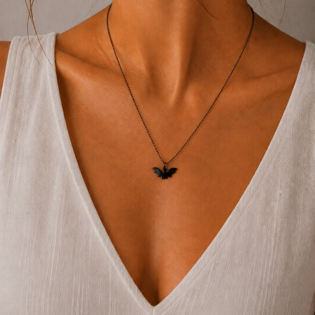 Women's Black Enamel Sterling Silver Bat Necklace